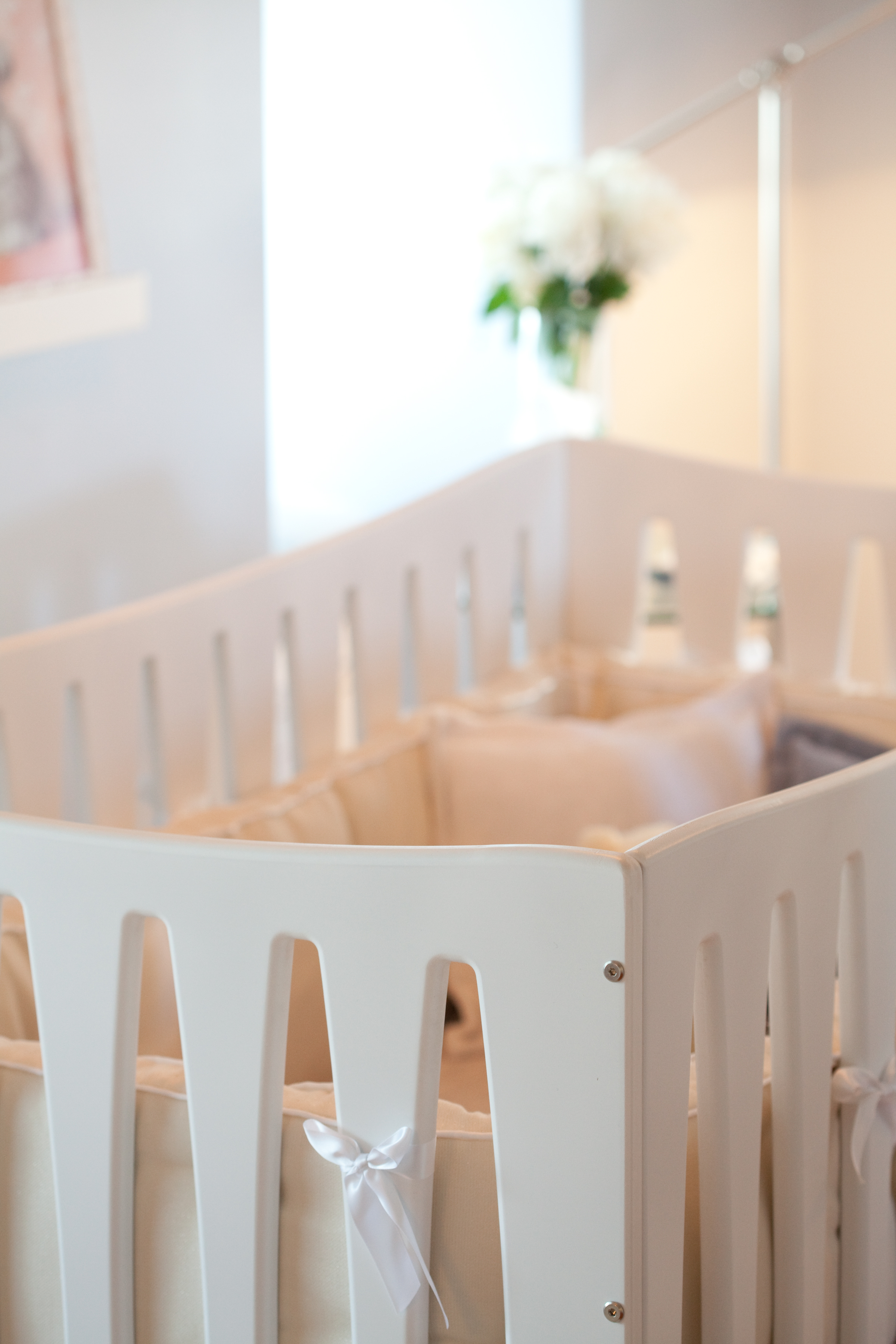 crib, nursery, white, modern, soft tones, soft textures, window, lighting 
