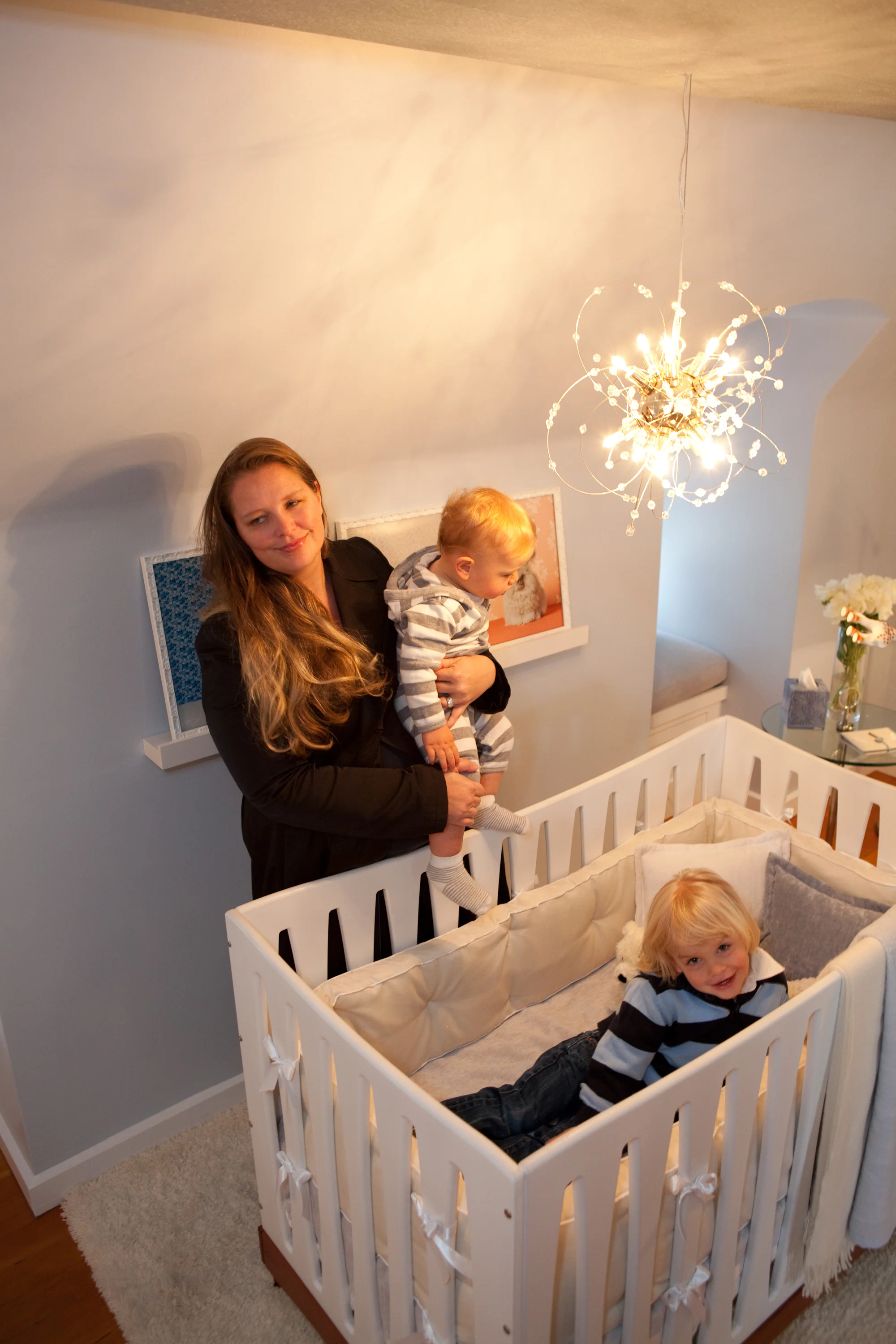 nursery, crib, modern, babies, white, baby blue, chandelier