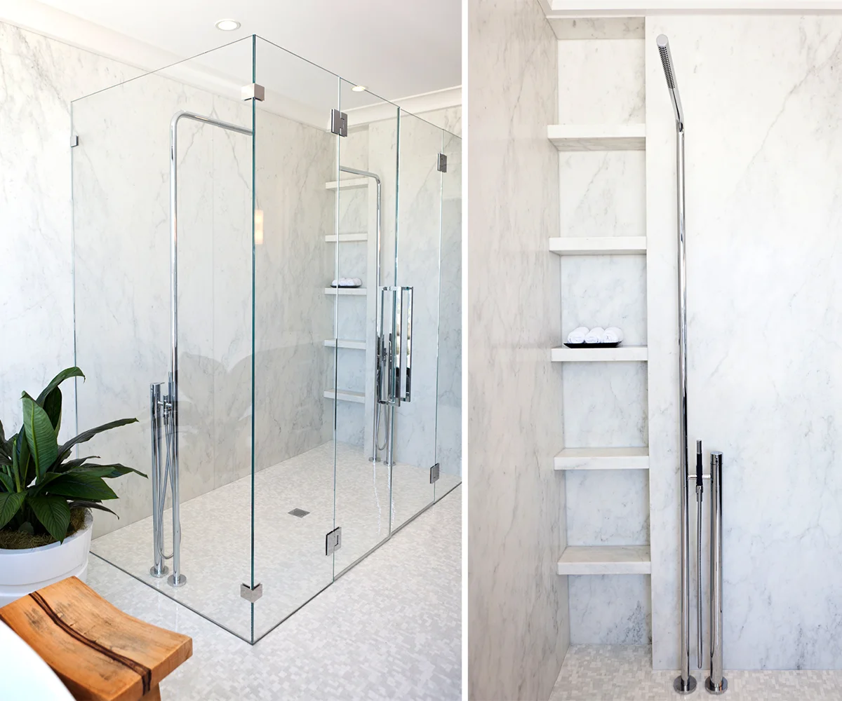 bathroom, white, marble, clean, light, marble shelving, shower, plant, shower head, glass 