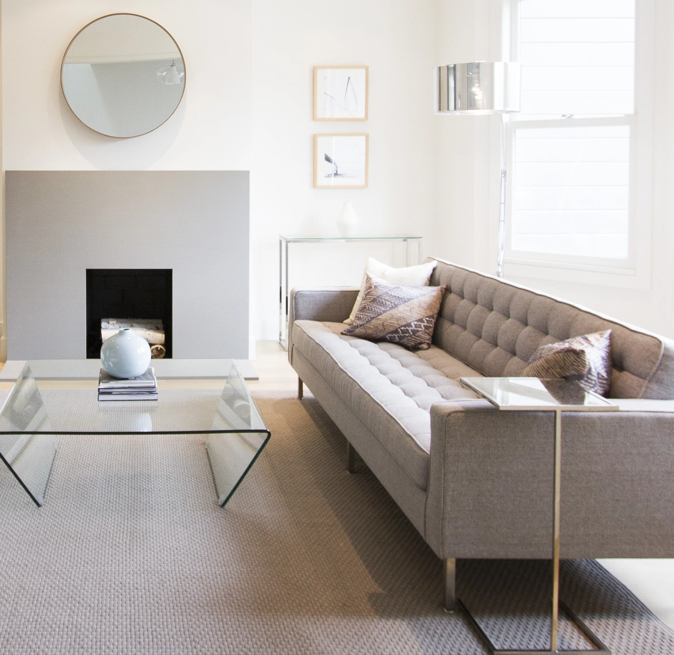 midcentury modern, modern, simple, fireplace, chandelier, living room, 