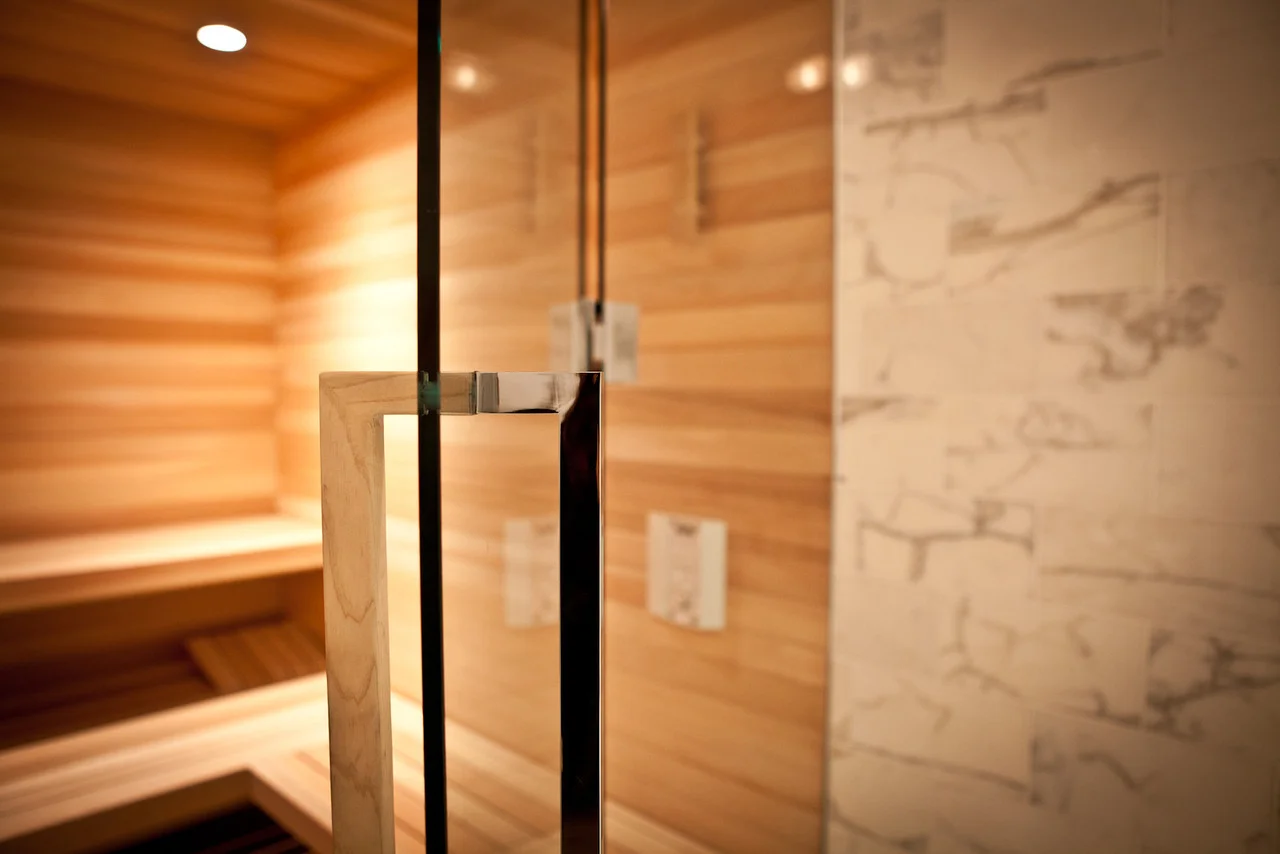 sauna, wood, modern, decor, interior design, overhead lighting, modern lighting, shower door handle 
