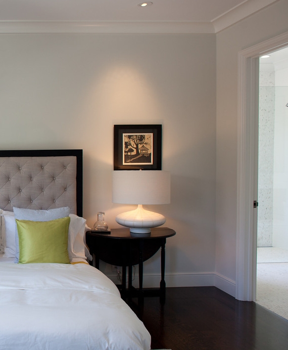 bedroom, bedside table, table lamp, bed, headboard