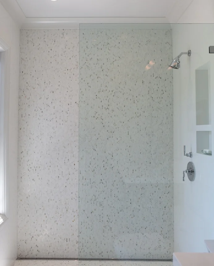 bathroom, shower, subway tile, marble tiles