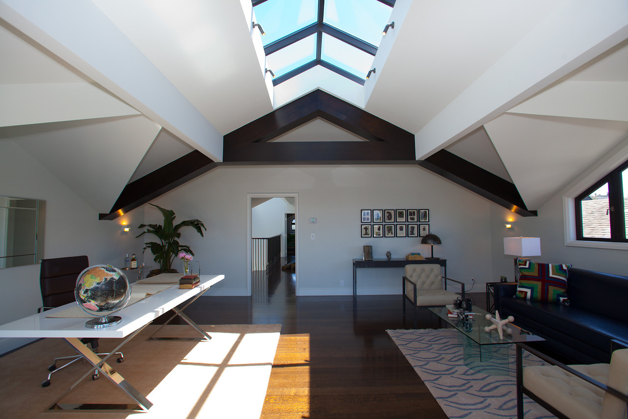 skylight, attic remodel, natural light, open floor plan, office space, desk, modern, pent room