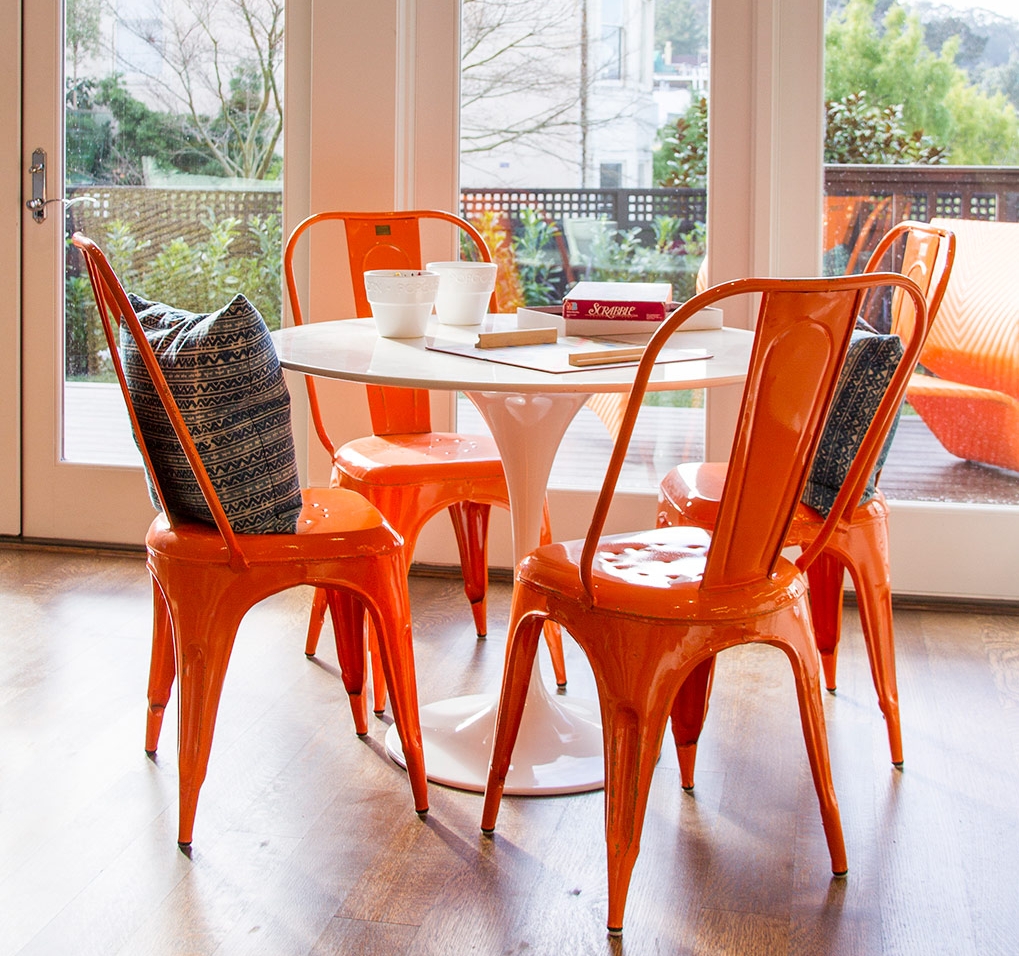 modern, dining room, dining table, dining chairs, orange, color, hardwood floor, window, light, open space