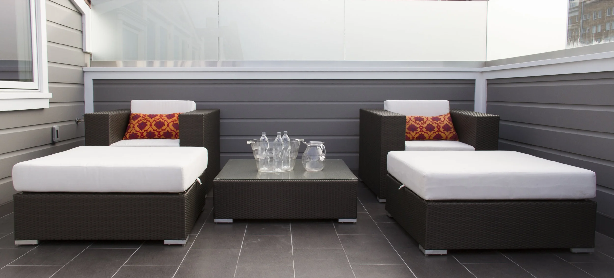 patio, patio furniture, seating, chairs, lounge chairs, modern, white cushions 
