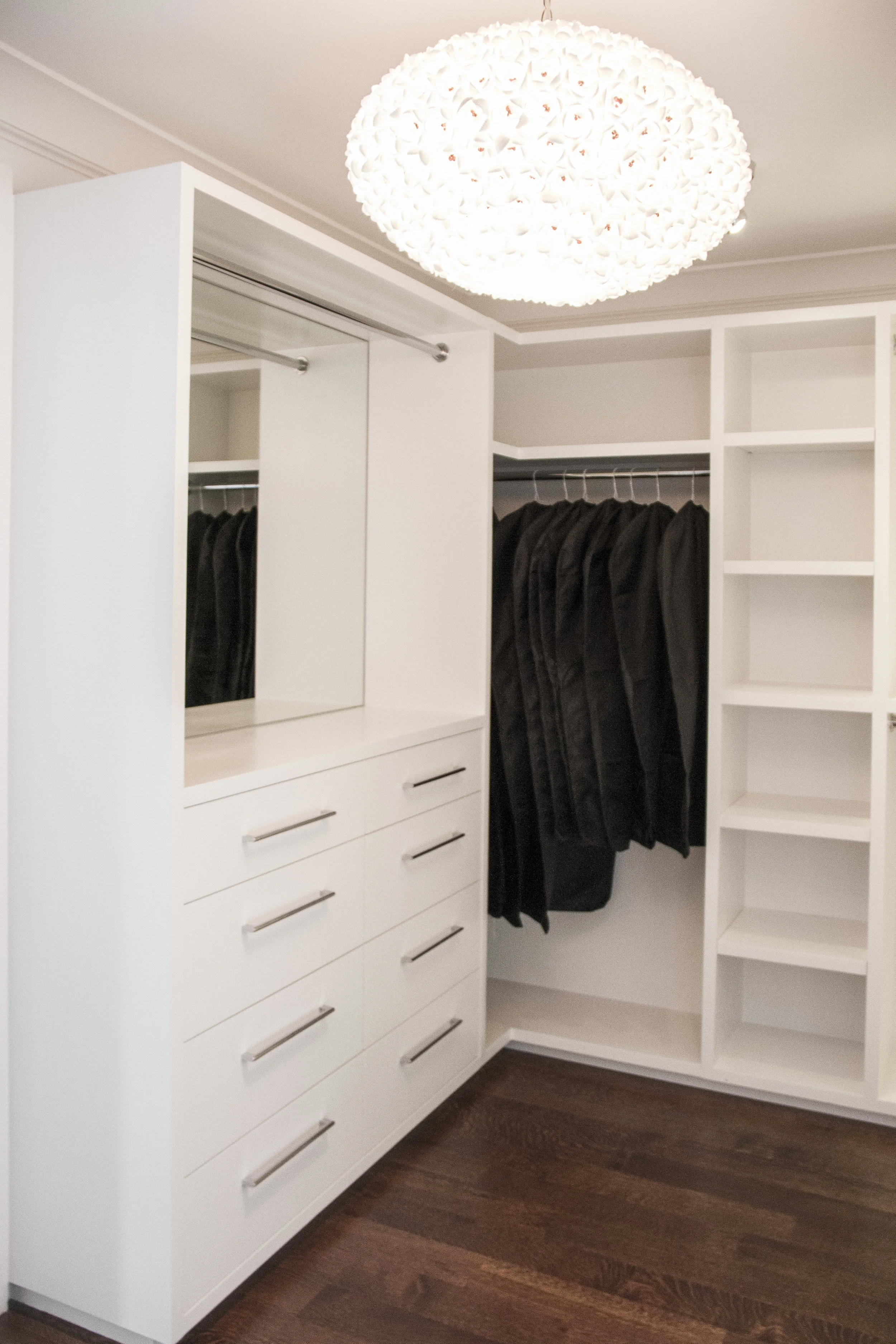 closet, white, modern, storage, wardrobe, hangers, clothes, clothes rack, hardwood floor 