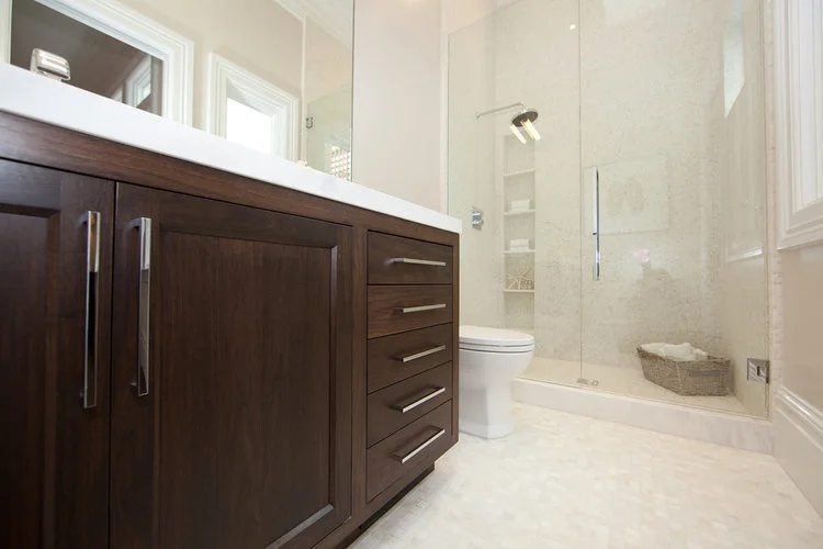 Bathroom, stained cabinetry, dark wood, shower, modern, tile, marble