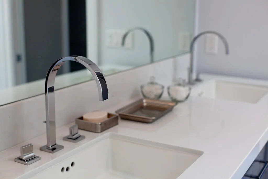 modern, faucet, bathroom, vanity, polished nickel, quartz