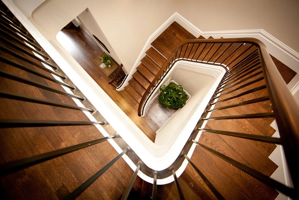 stairs, stairway, wood, railing, metal, steel