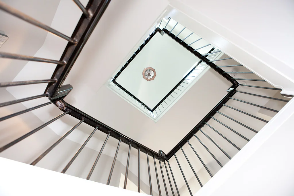 spiral staircase, detail, steps, metal, wood, railing