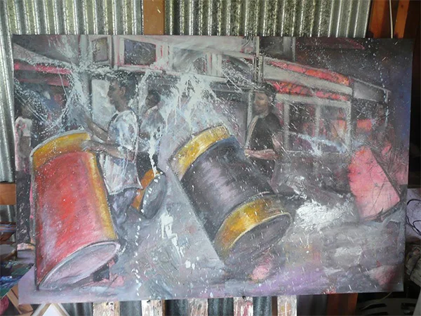 "Batteurs dans la pluie", &nbsp; &nbsp; 2014Oil on Canvas44in. x 56in.-Private Collection-Luke Lamar