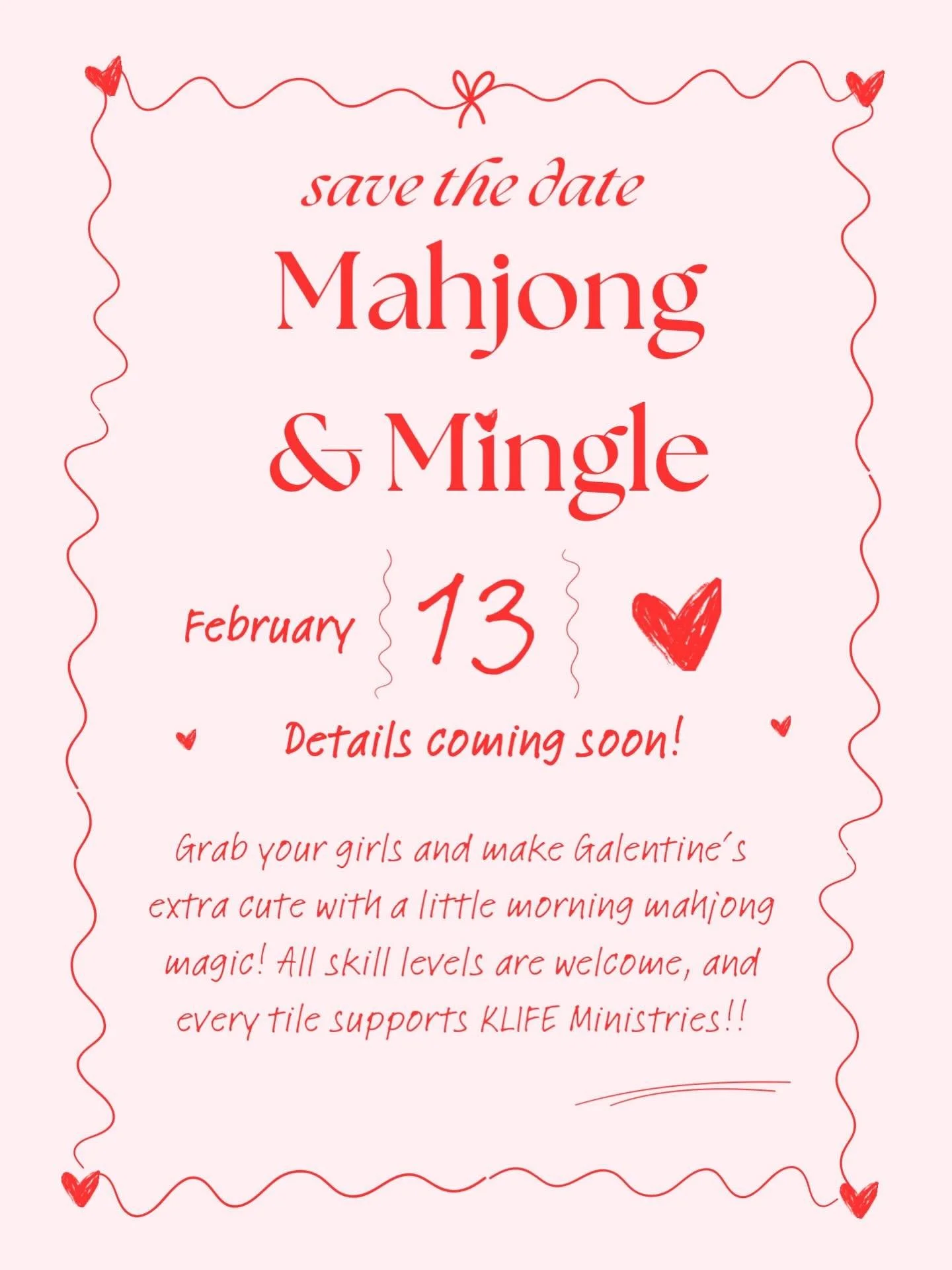 Get ready ladies!!! Tulsa KLIFE Mahjong Fundraiser is on the horizon! Spend galentines stacking tiles with your best friends💘💕

Proceeds go to support small group discipleship ministry in the Tulsa community!
