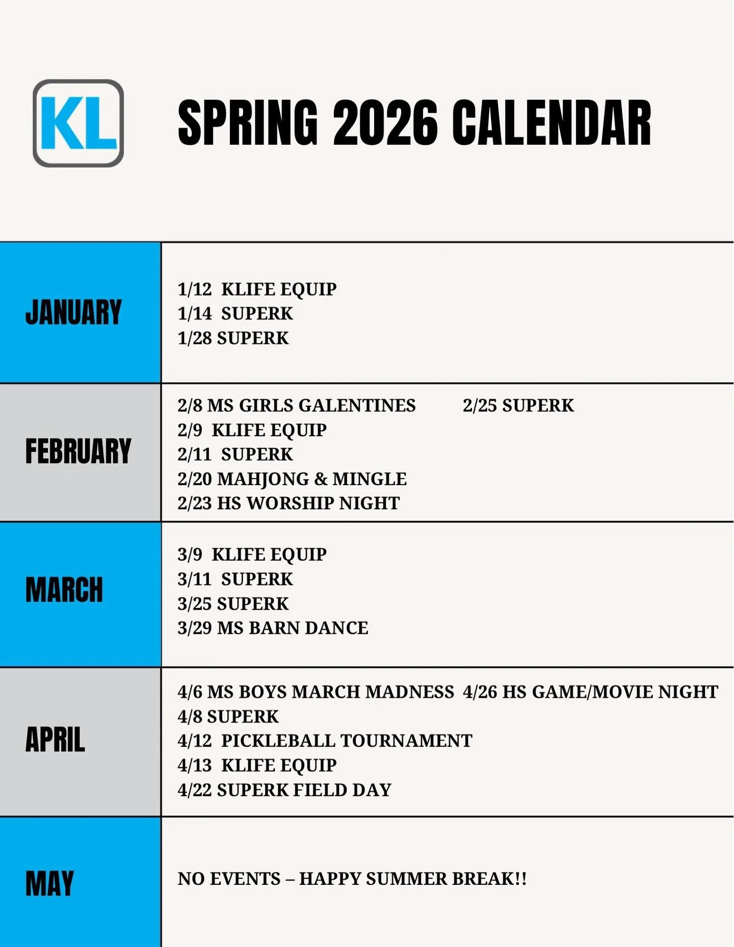 New semester, more fun!!! Updated Spring 2026 calendar with all events!!!