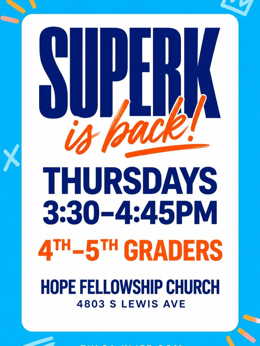 SUPERK IS BACK AND WE ARE SO EXCITED!!!! 

Join us this Thursday at Hope Fellowship church at 3:30!!!