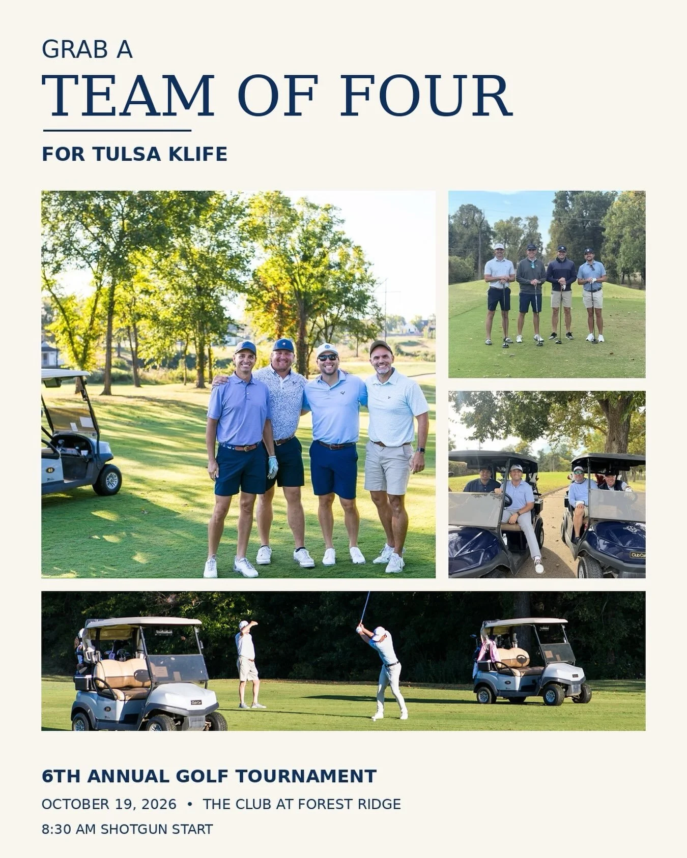 Grab your team of 4 and hit the course with us! Sign up today and join us for a fun day of golf supporting KLife! Link in bio!