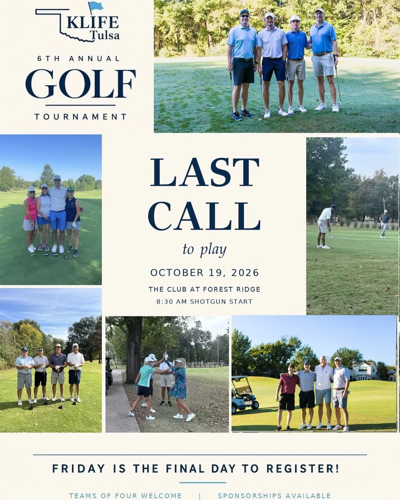 ⛳️🚨 LAST CALL TO SIGN UP! 🚨⛳️

Time is running out to join us for the Tulsa KLIFE Golf Tournament! Grab your team, secure your spot, and get ready for a great day of golf supporting an even greater cause. 💚

Don&rsquo;t miss out&mdash;sign up toda
