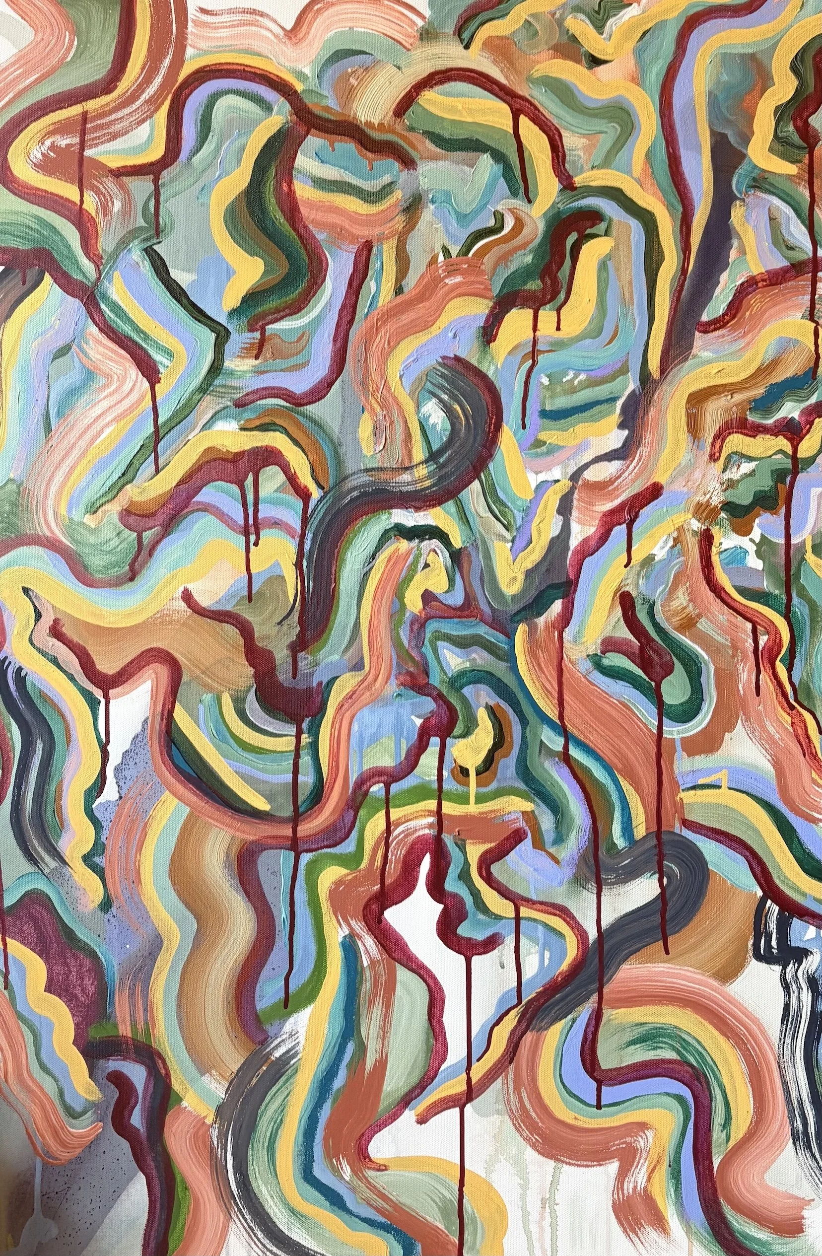 Undertow; 2000 | Age 7 - 24” x 36” "
At six, Emily began competitive swimming. One summer, she was caught in a rip current at Robert Moses and had to be rescued. This piece reflects the feeling of being pulled under by the waves, and the lesson she