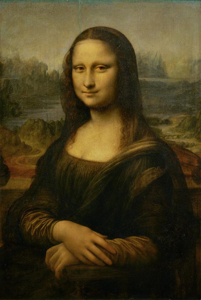  Leonardo da Vinci,  Mona Lisa (or La Joconde, La Gioconda) . Begun c. 1503/1504, oil on poplar wood, 76.8 × 53 cm (30.2 × 20.9 in). Musee du Louvre. 