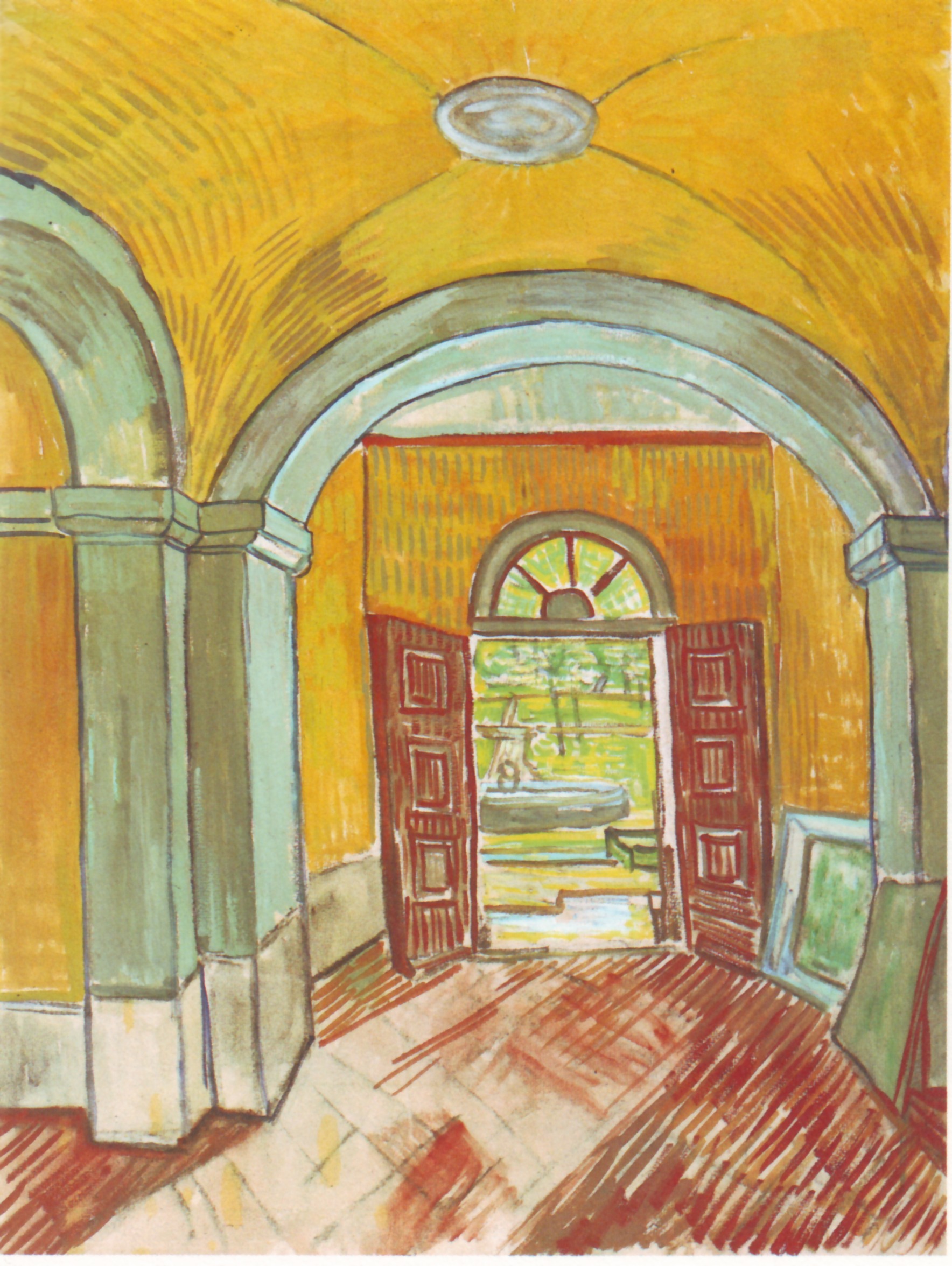 Entrance Hall of Saint-Paul Hospital, 1889, Black chalk, brush and thinned oil on pink paper, Van Gogh Museum