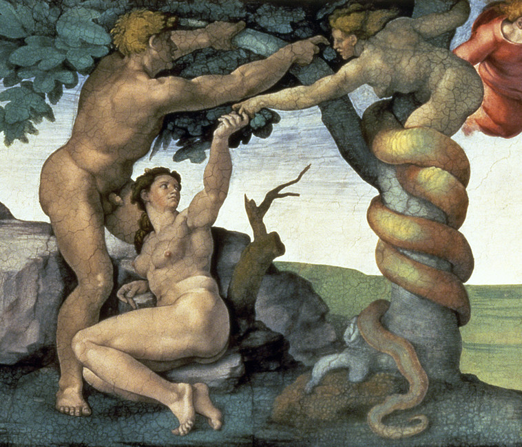 Michelangelo, the Temptation of Adam and Eve from the Sistine Chapel Ceiling, painted 1508-1512