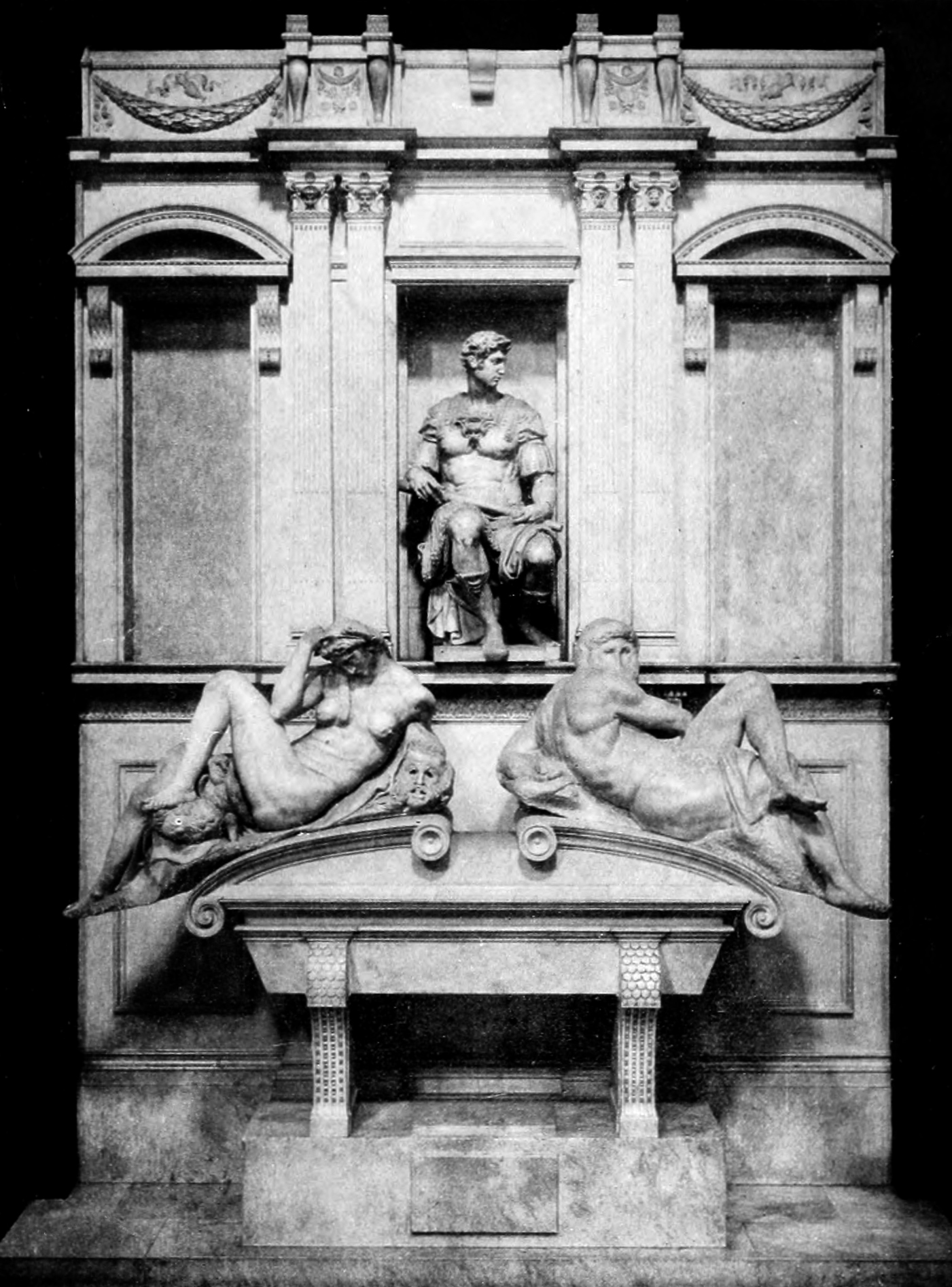 Michelangelo, Tomb of Giuliano di Lorenzo de' Medici with Night and Day, 1533, Florence, Italy