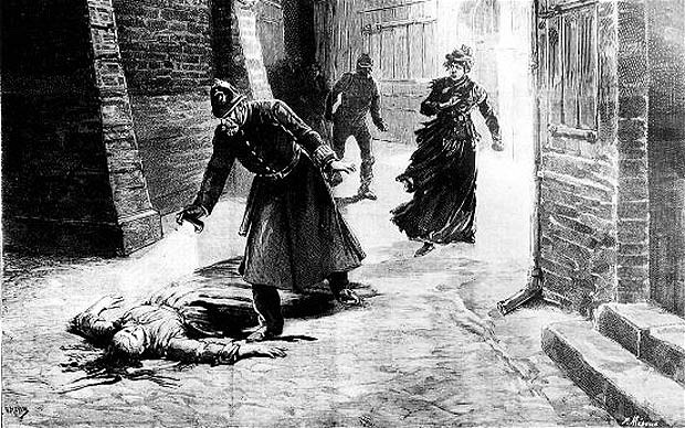 Woodcut illustration of the discovery of one of Jack the Ripper's victims (circa 1888).