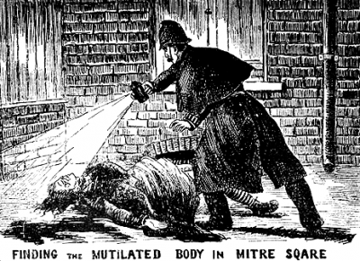"Finding the Body in Mitre Square," as shown in the The Illustrated Police News (around 1888).