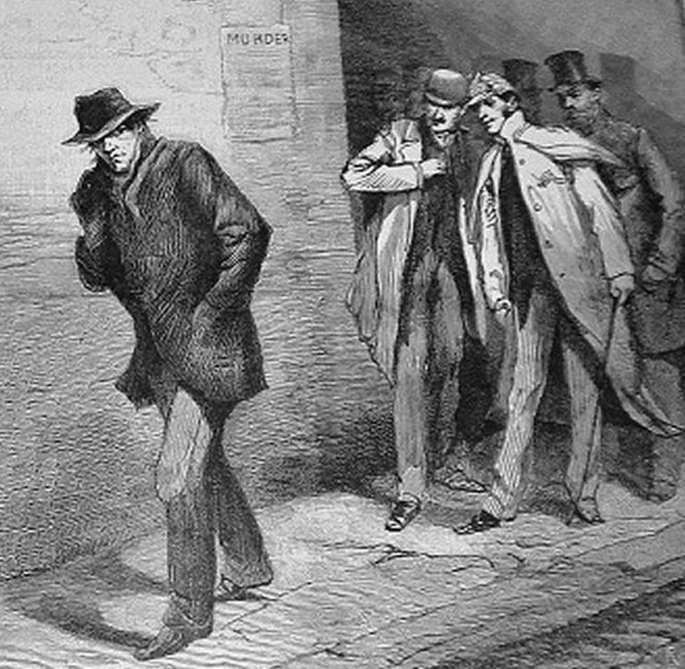 The Vigilance Committee tailing a possible Ripper suspect. Image taken from Illustrated London News. Originally published in London, 1888.