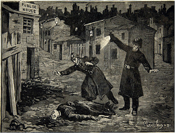 Illustration shows the police discovering the body of one of Jack the Ripper's victims, probably Catherine Eddowes, London, England, late September 1888.