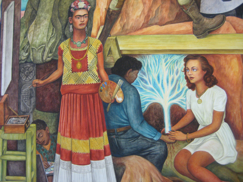 Frida (left) and Paulette (right) featured in Diego Rivera's Pan American Unity mural 