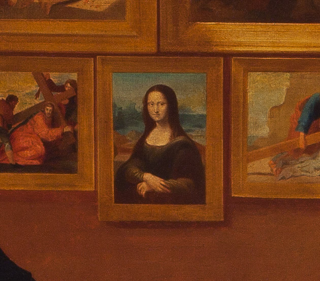 Detail of the Mona Lisa in The Gallery of the Louvre