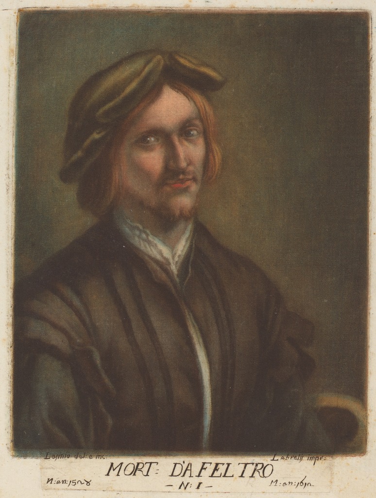 Carlo Lasino, after Lorenzo Luzzo, Portrait of Morto da Feltre, color mezzotint, ca. 1789