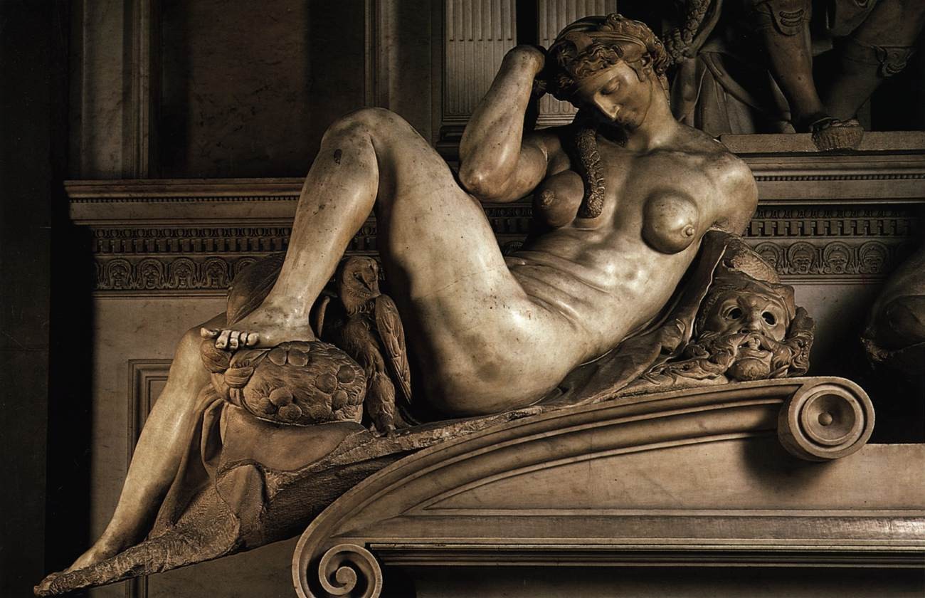 Detail of Night, Michelangelo, Tomb of Giuliano di Lorenzo de' Medici with Night and Day, 1533, Florence, Italy