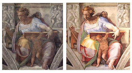 Michelangelo's Daniel, before restoration (left) and after restoration (right)