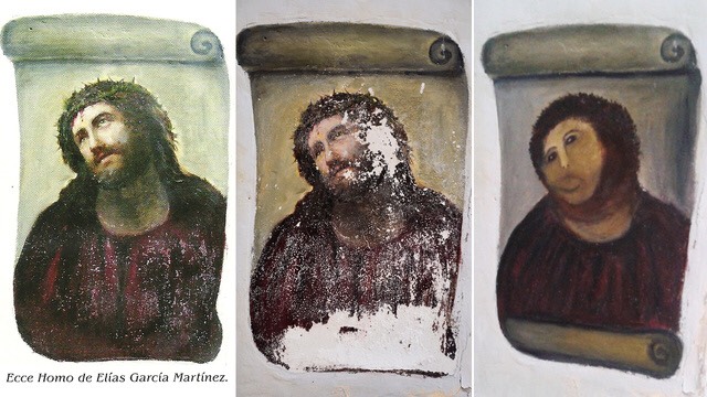 Elias Garcia Martinez, Ecce Homo comparison-- original, before restoration, and after "restoration"