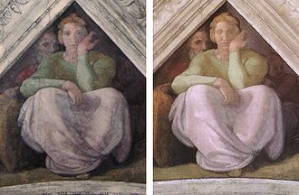 Michelangelo's Jesse Spandrel from the Sistine Chapel-- note that some details, including Jesse's eyes, are now missing, post-restoration (right)