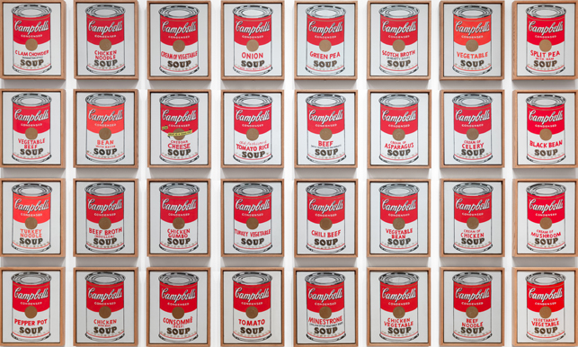Andy Warhol, 32 Soup Cans, 1961-62 Synthetic polymer paint on thirty-two canvases, each 50.8 x 40.6 cm. The National Gallery of Art, Washington, DC