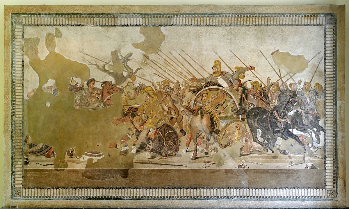 The Alexander Mosaic, by Philoxenus of Eretria (presumed),  101 BCE,  272 cm × 513 cm (8 ft 11 in × 16 ft 9 in), National Archaeological Museum, Naples (since 1843), House of the Faun, Pompeii 