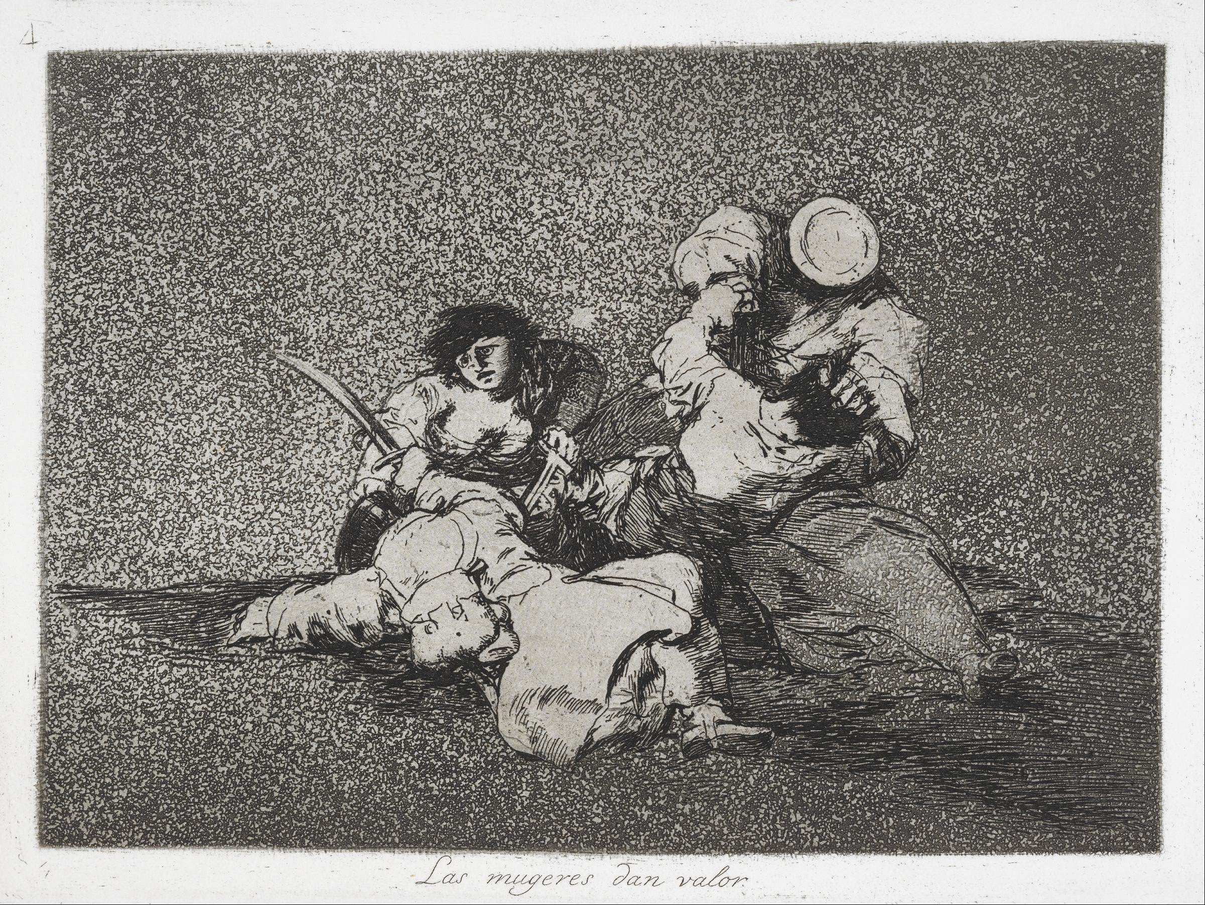 Francisco Goya, The Disasters of War, 1810-1820, plate 4: Las mujeres dan valor (The women are courageous). A struggle between civilians and soldiers