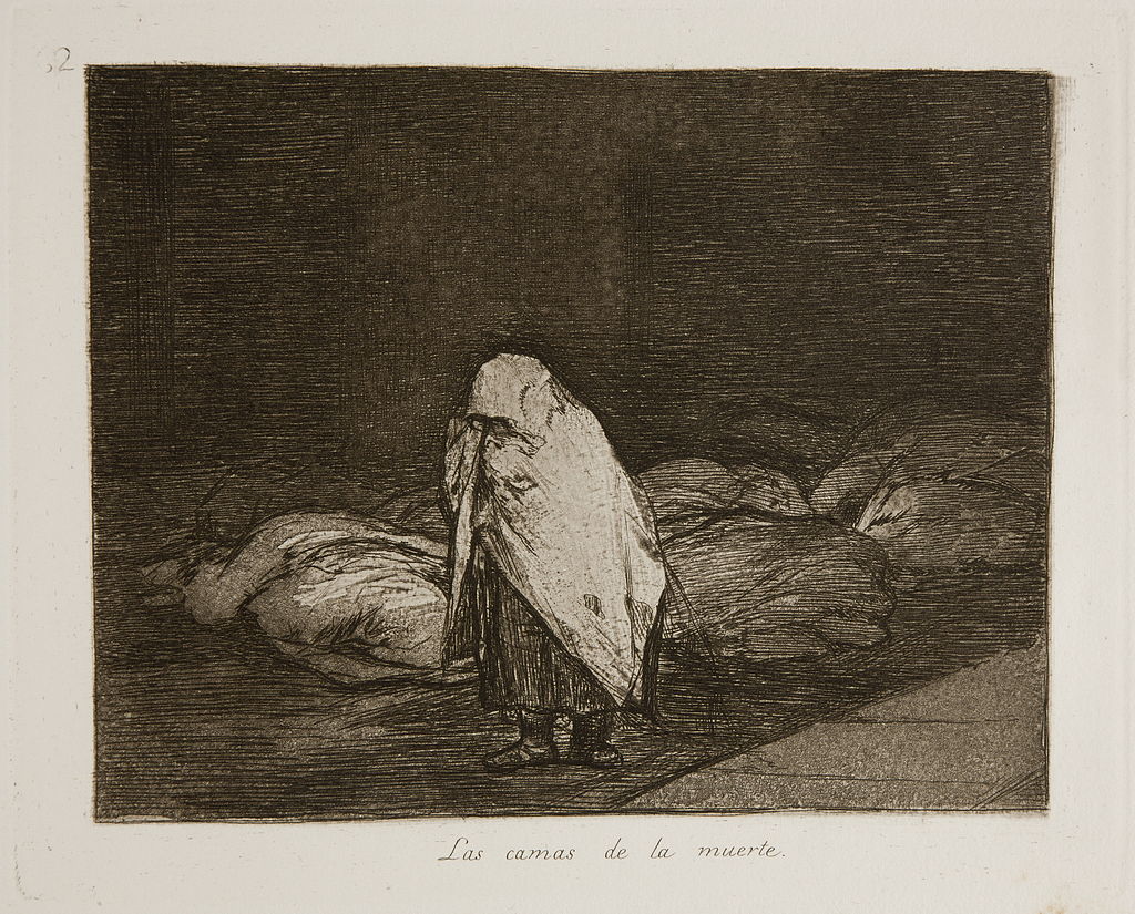 Francisco Goya, The Disasters of War, 1810-1820, plate 62: Las camas de la muerte (The beds of death). A woman walks past dozens of wrapped bodies awaiting burial.