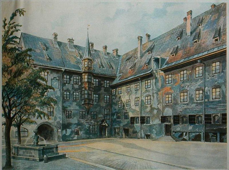 Adolf Hitler, The Courtyard of the Old Residency in Munich, 1914, watercolor on paper, originally from: Adolf Hitler: Bilder aus dem Leben des Führers