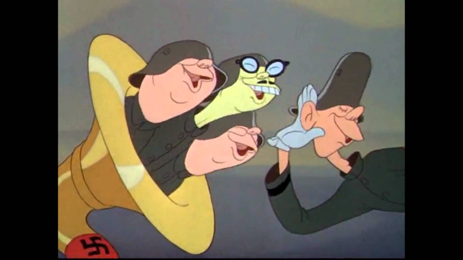  Animation still from  Der Fuehrer's Face , featuring racist caricatures of real-life figures, like Japanese Emperor Hirohito 