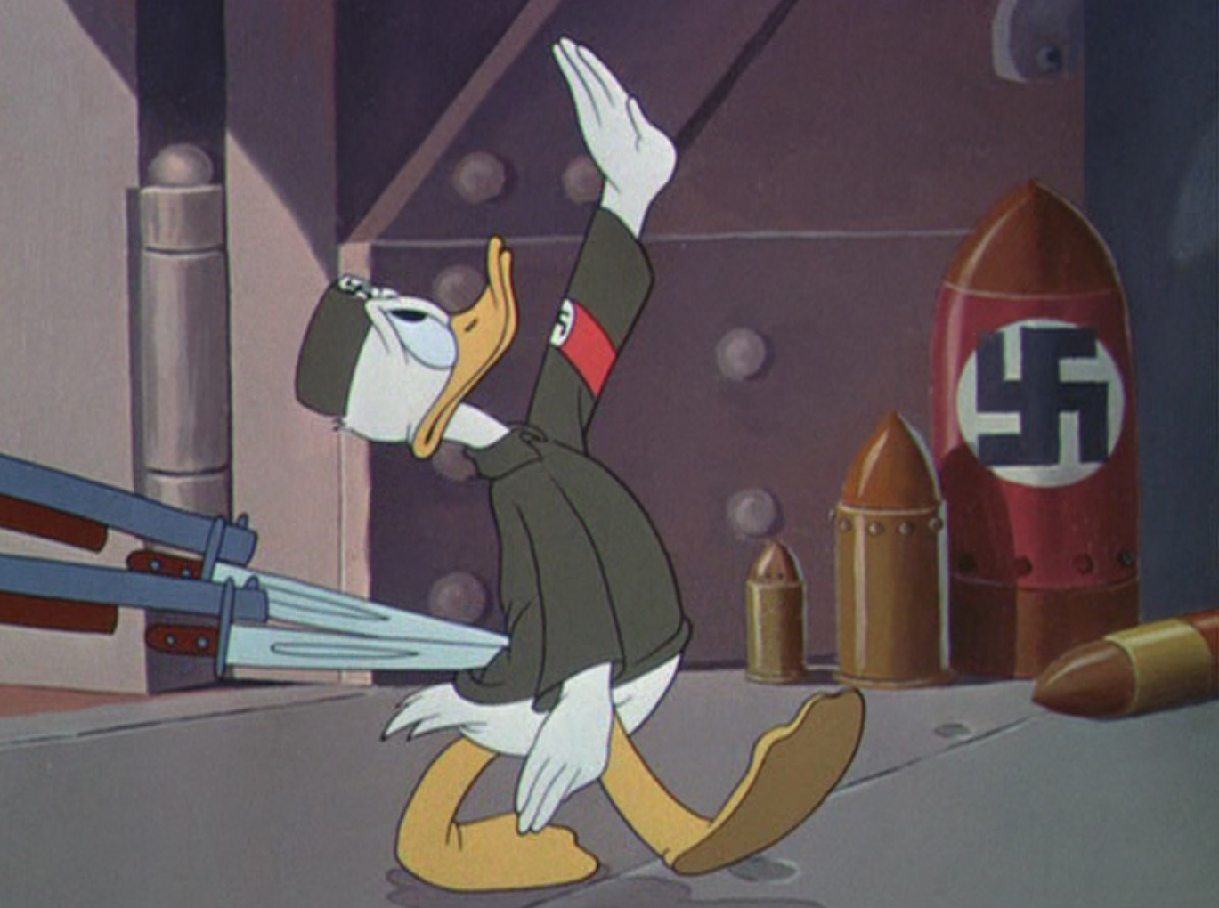  Animation still from  Der Fuehrer's Face , featuring Donald as a Nazi 