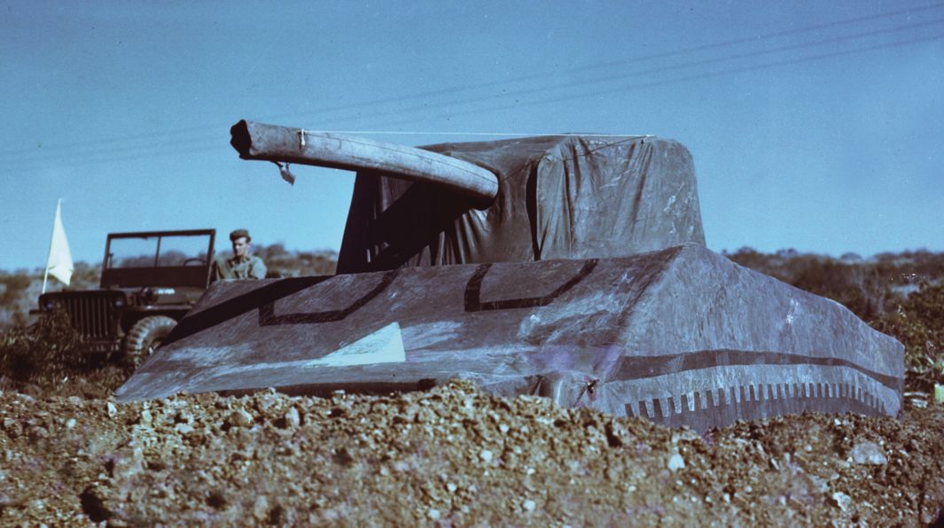 A rare color photo of a Ghost Army inflatable tank