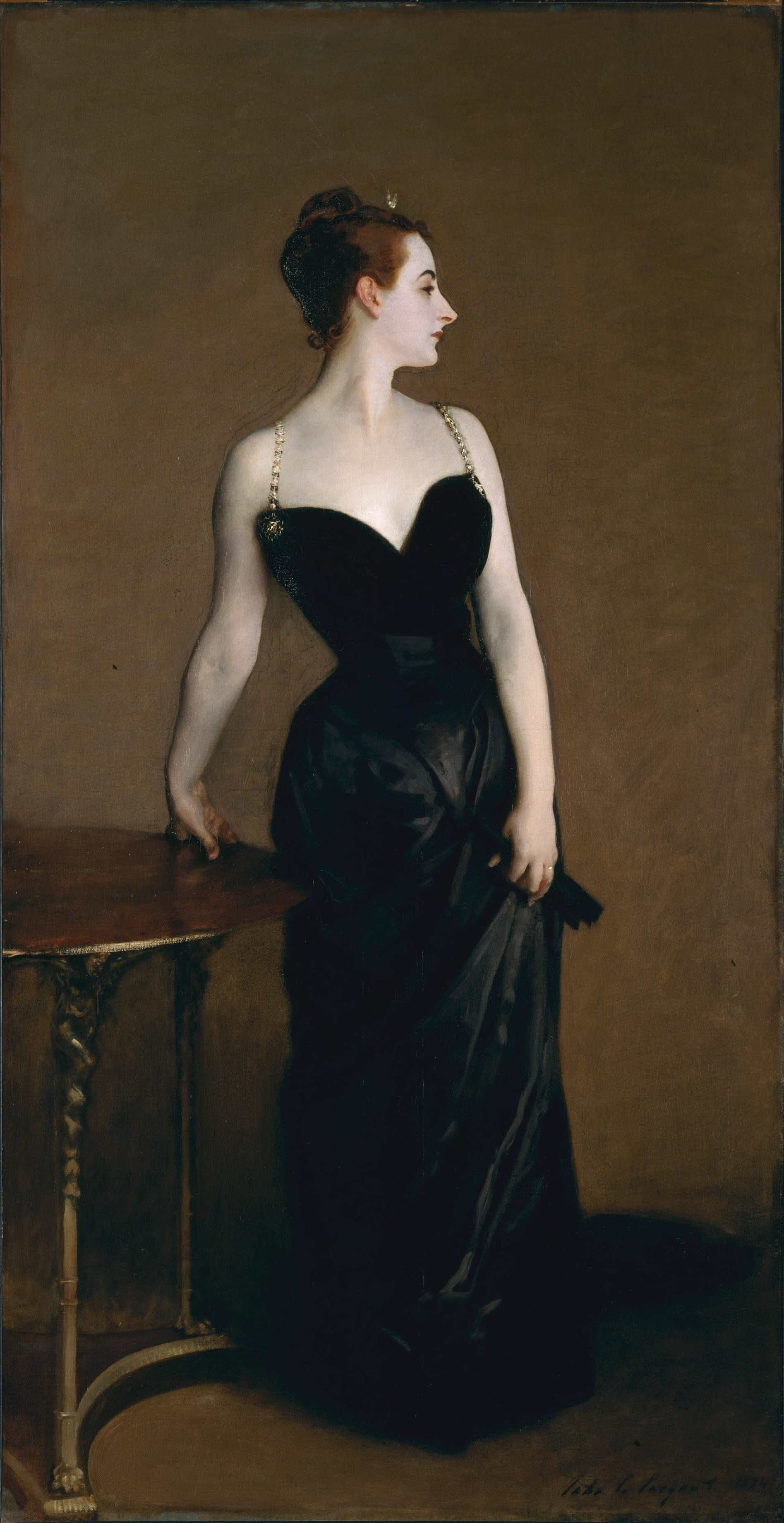  Painting of pale woman standing in profile wearing a black evening gown 