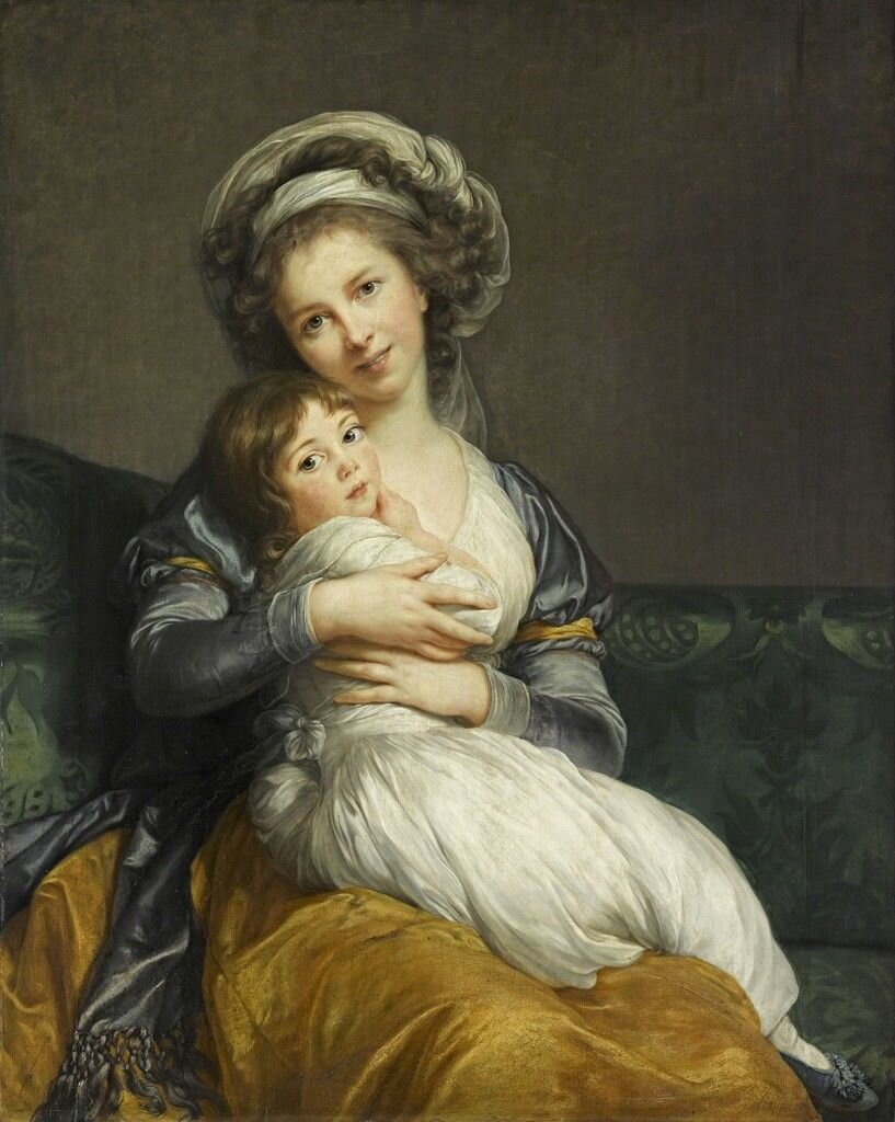  Painting of brown-haired woman hugging little girl 