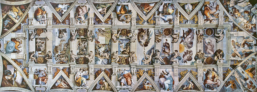 Long view of the Sistine Chapel ceiling with frescoes by Michelangelo, 1508–1512