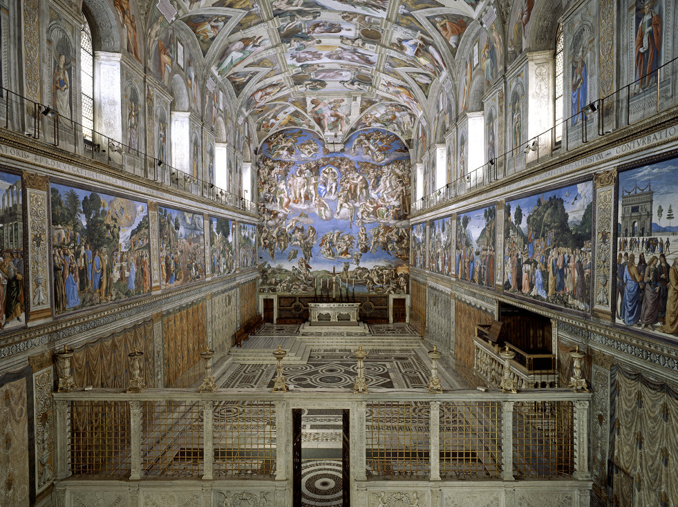 Image of interior of Sistine Chapel, with frescoes by Michelangelo, 1508-1512