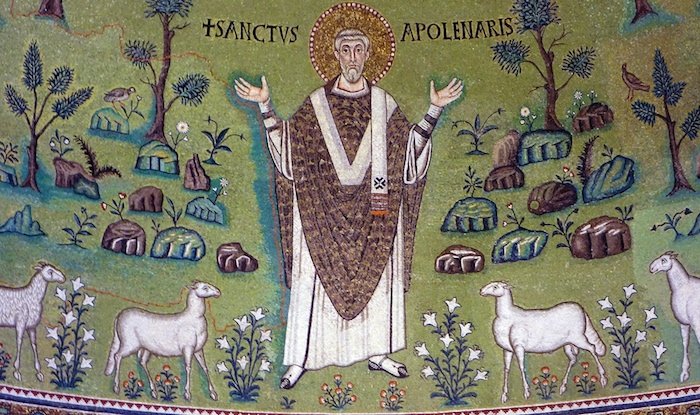 Unknown artist, St. Apollinaris amid sheep, apse mosaic,  c. 533-549 CE.  Sant'Apollinare in Classe, Ravenna, Italy